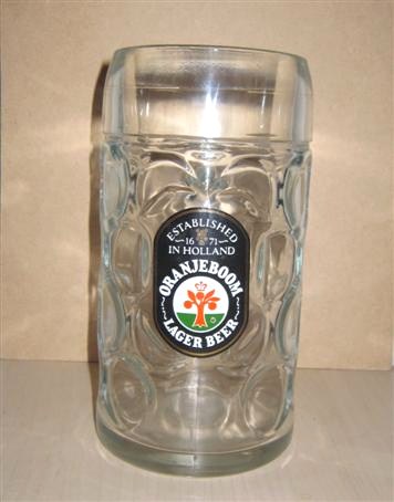 beer glass from the Oranjeboom brewery in Netherlands with the inscription 'Established 1671 In Holland Oranjeboom Larger Beer'