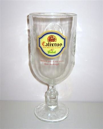 beer glass from the Grolsch brewery in Netherlands with the inscription 'Calixtus Een Bier Om Te Eren Grolsch. Grolsch Gaaral Een Leuw Door De Bevgel '