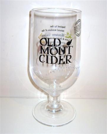 beer glass from the Redwood Old Mout Ciders brewery in New Zealand with the inscription 'Old Mout Cider. Making Fruit More Useful Since 1947'
