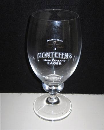 beer glass from the Monteith's  brewery in New Zealand with the inscription 'Clean & Crisp Since 1868, Original Crafted Monteith's New Zealand Lager'