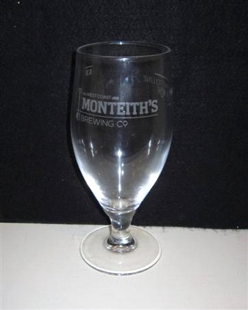 beer glass from the Monteith's  brewery in New Zealand with the inscription 'Monteith's Brwing Co , Est West Coast 1868'