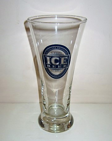 beer glass from the New Zealand Breweries brewery in New Zealand with the inscription 'Brewed And Bottled By Lion Ice Beer, New Zealand Breweries 4.7% ALC Vol'