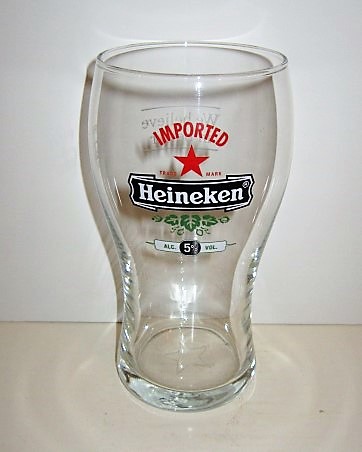 beer glass from the Heineken brewery in Netherlands with the inscription 'Imported Heineken Alc 5% Vol'
