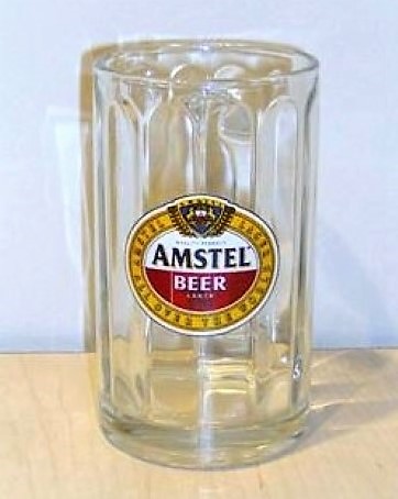 beer glass from the Amstel brewery in Netherlands with the inscription 'Amstel Beer Lager Amstel Larger All Over The World'