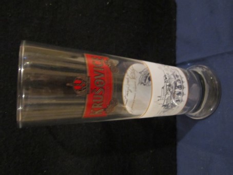 beer glass from the Krusovice brewery in Czech Republic with the inscription 'Krusovice Kralousky Pivovar Gold Medal Prague 1891'