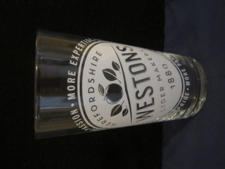 beer glass from the Westons Cider brewery in England with the inscription 'Westons Herefordshire Cider Maker 1880, More Pride More Passion More Expertise'