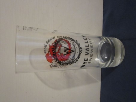 beer glass from the Wye Valley  brewery in England with the inscription 'Wye Valley Brewery Beautiful Beer Since 1985'
